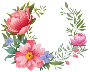 Different spring flowers woven into a semicircular wreath