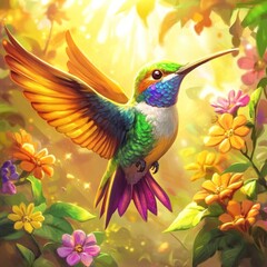 Obraz premium Vibrant hummingbird in flight amidst colorful flowers, bathed in sunlight.