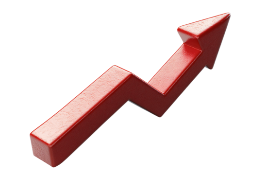 A dynamic red arrow on white and transparent background. symbolizing growth and upward trends in business, finance, and analytical performance.
