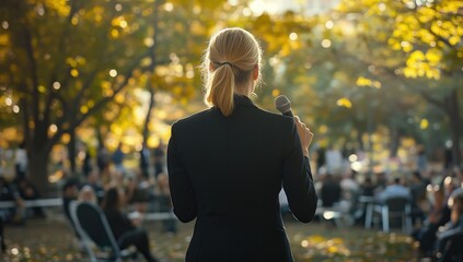 Woman Delivers Speech Outdoors in Autumn, Motivational Talk to Attentive Audience during Golden Hour
