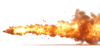 A missile rocket with fire trail isolated on a white and transparent background.