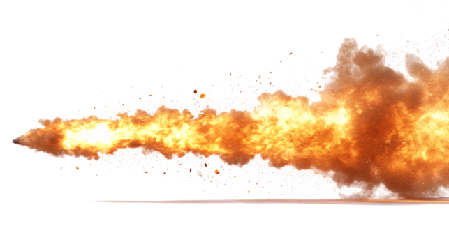 A missile rocket with fire trail isolated on a white and transparent background.