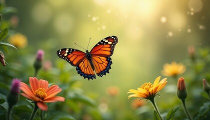 Obraz premium Early spring scene with butterfly hovering over flowers.Spring greeting card, nature-inspired design, butterfly illustration, seasonal decor, botanical art, garden theme.Renewal. Hope. Growth.