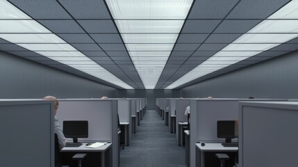 Dystopian Corporate Chaos: Depiction of Workers in Gloomy Cubicle Farm with Flickering Lights - Photorealistic 3D Render Illustration