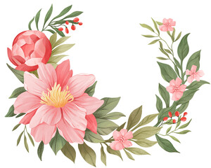Different pink flowers with green leaves arranged in a circle