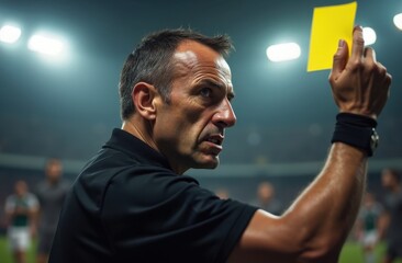 portrait of a football referee in the act of showing a yellow card during a high-stakes football match

