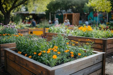 Vibrant community garden thriving with diverse plant enthusiasts - Generative AI.