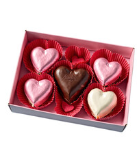 A box of heart-shaped chocolates and candies arranged in red cupcake liners. The assortment includes pink, white, and dark chocolate hearts, symbolizing love and sweetness.