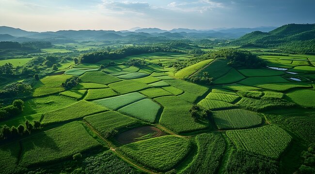 Aerial View of Geometric Agricultural Patterns in Vibrant Green Fields - Generative AI