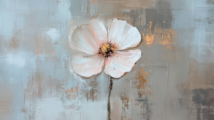 An abstract painting of a single flower. Drawing flower light strokes white glare. A flower glares with white lifestyle light.