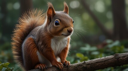 Obraz premium Adorable red squirrel perched on a branch in a forest.