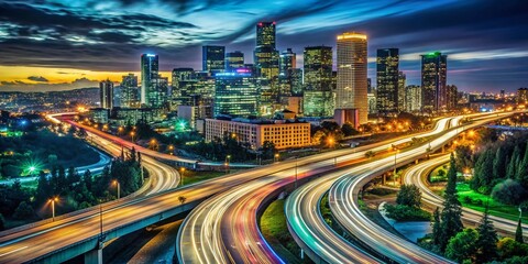 Fototapeta premium Night City Skyline Freeway Photography - Urban Exploration Images, Dark Cityscape, Asphalt Roads, Night Lights, City at Night