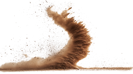 The dust devil spins, a small whirlwind of dust and debris isolated on white and transparent a background.