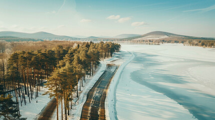 aerial view of snow-covered peaks and frozen lakes