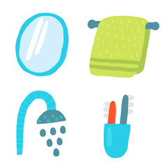 Bathroom interior objects set. Cute hand drawn doodle house furniture inside items, mirror, towel, hanger, shower, water, tooth brush, glass. Modern restroom elements