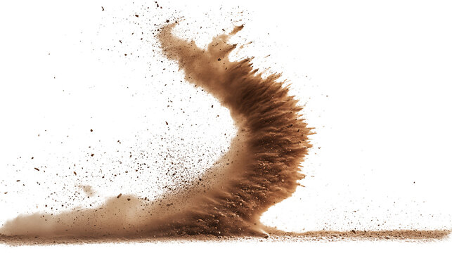 The dust devil spins, a small whirlwind of dust and debris isolated on white and transparent a background.