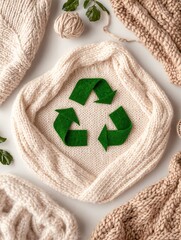  Natural recycling concept with knitted items and green recycling symbol.Eco-friendly. Craft. Rebirth.Sustainability design, eco-friendly crafts, recycling campaign, handmade products, green lifestyle