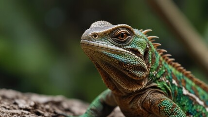 Obraz premium Close-up of a vibrant green and brown lizard.