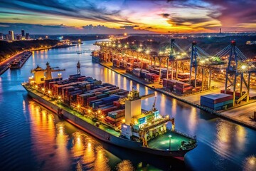 Night Harbor: Bulk Cargo Ships at Dock, Illuminated Vessels, Industrial Port Scene