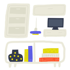 Living room interior objects set. Cute hand drawn doodle house furniture inside items, television table, lamp, shelf, books, closet, locker, beside table, cabinet. Modern flat apartment elements