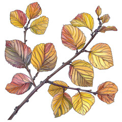 Autumn branch with yellow and red leaves.