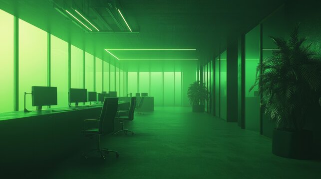 Corporate Dystopia: Robotic Employees in Sinister Green-Lit Office Illustration