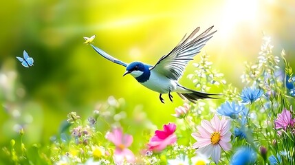 Obraz premium Blue bird in flight over colorful wildflowers and butterflies in a sunny meadow.