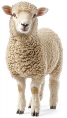 Fototapeta premium A young sheep stands upright, showcasing its fluffy wool and curious expression.