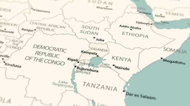 Uganda on the world map. Smooth map rotation. 4K animation.