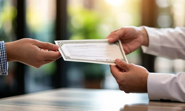 Hands exchanging a blank certificate or voucher.