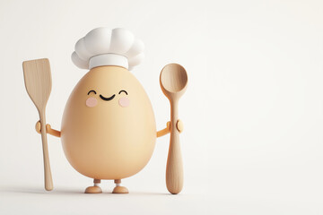 Generated egg with a big smile, wearing a chef’s hat, holding a rolling pin in one hand. The playful character exudes fun and energy, ready to cook. Its cute design is perfect for a whimsical kitchen 