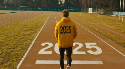 happy new year Text"2025" symbolizes the start of the new year.   Rear view of a man preparing to run on the athletics track engraved with the year Text"2025" .   Getting ready for the new year