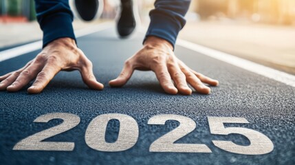 happy new year Text"2025" symbolizes the start of the new year.   Rear view of a man preparing to run on the athletics track engraved with the year Text"2025" .   Getting ready for the new year