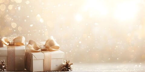 Elegant holiday gift boxes with light golden bows and festive cream background. Banner for Christmas sale or winter birthday or anniversary gifts