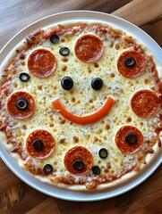 Pizza with a smiling face made from pepperoni, olives, and bell pepper