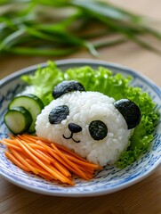 Healthy dinner plate for kids. Panda-shaped rice with vegetables on a decorative plate