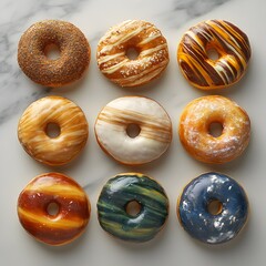 Assorted gourmet donuts with colorful glazes and toppings on white marble surface