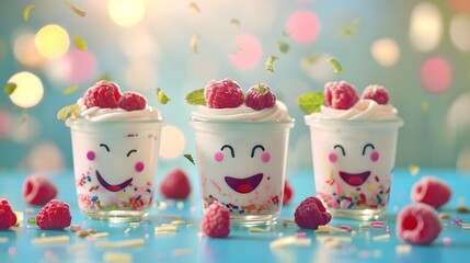 Three happy yogurt cups with raspberries, sprinkles of mint, and cheerful faces on a table