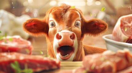 Funny surprised cow looking at raw meat in a butcher shop