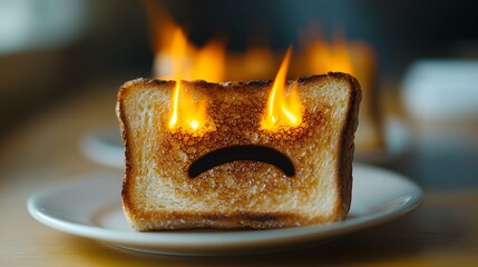 Toast with an angry face and flames on a plate
