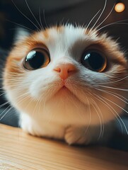 Close-up of an adorable kitten with large curious eyes. A cute orange cat looking curiously into the camera