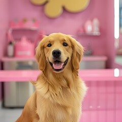 Smiling golden retriever in a pink grooming salon