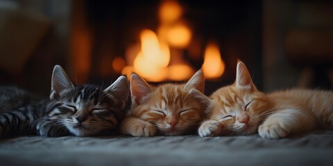 Three kittens sleeping peacefully in front of a cozy fireplace