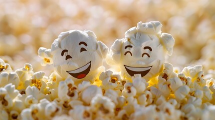 Happy popcorn kernels with smiling faces in a pile of popcorn