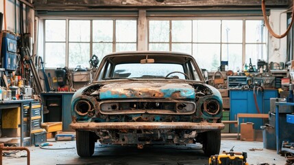 Fototapeta premium Abandoned Classic Car in a Vintage Workshop Surrounded by Tools