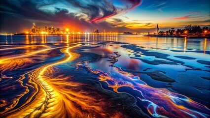 Night Oil Spill Emergency, Environmental Disaster, Dark Pollution Scene