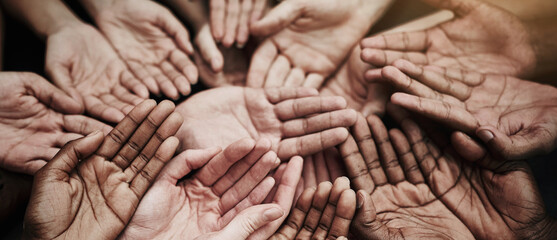 People, hands and diversity with humanity for unity, inclusion or community together on banner....