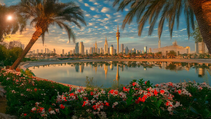 Beautiful view of the city of dubai at sunset. Island buildings city sky water field flowers glare light. A field of flowers glares with light from the water. The photo is of the dubai lifestyle.
