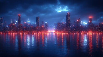 Night city skyline reflected in water.