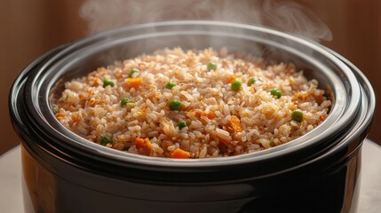 Slow cook enhances rice grains. Steaming bowl of flavorful fried rice with vegetables.